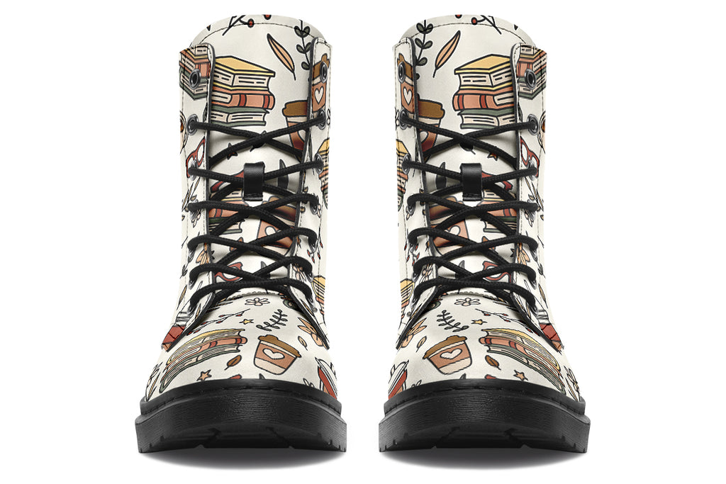 Design features icons of coffee, books and botanicals on an off-white background