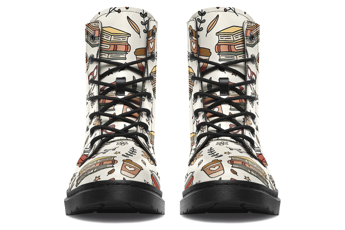 Design features icons of coffee, books and botanicals on an off-white background