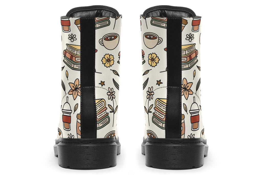 Design features icons of coffee, books and botanicals on an off-white background