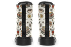 Design features icons of coffee, books and botanicals on an off-white background