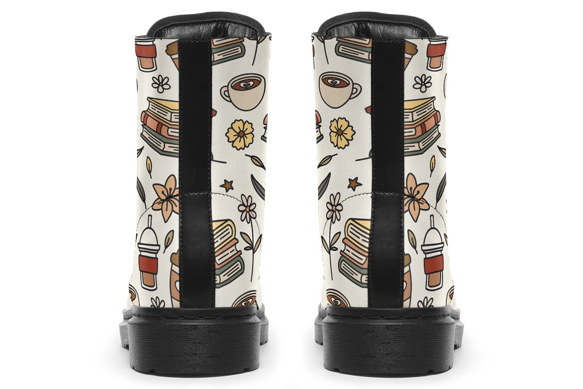 Design features icons of coffee, books and botanicals on an off-white background