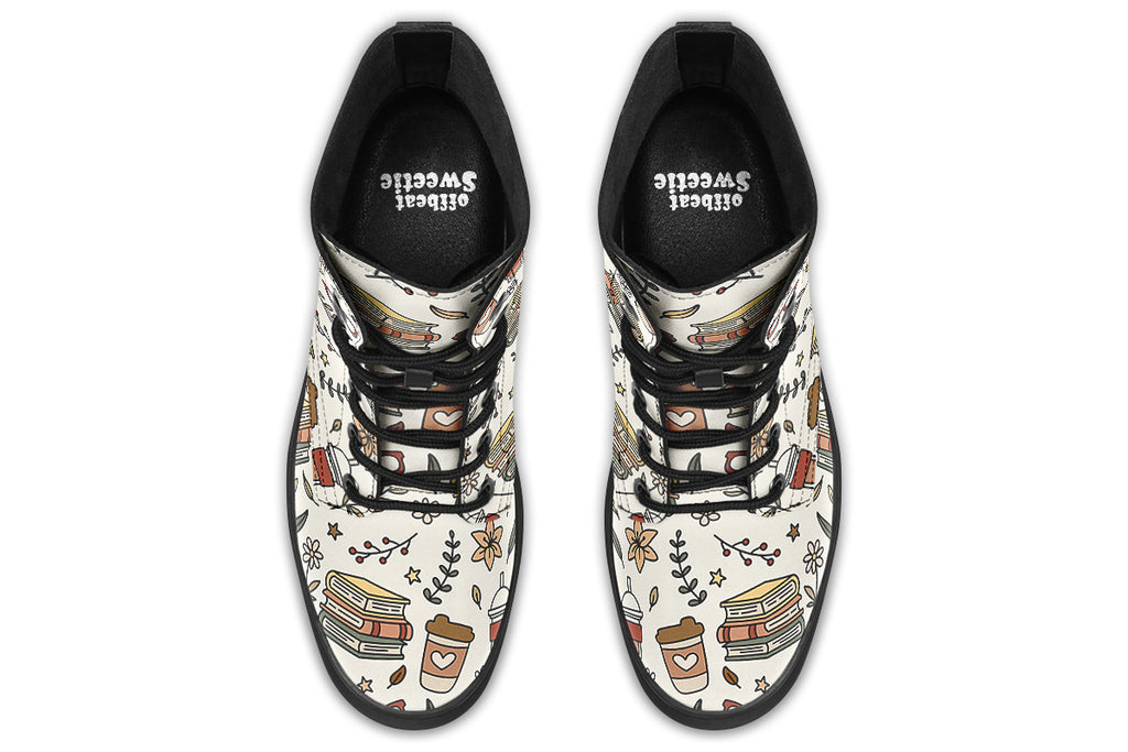 Design features icons of coffee, books and botanicals on an off-white background