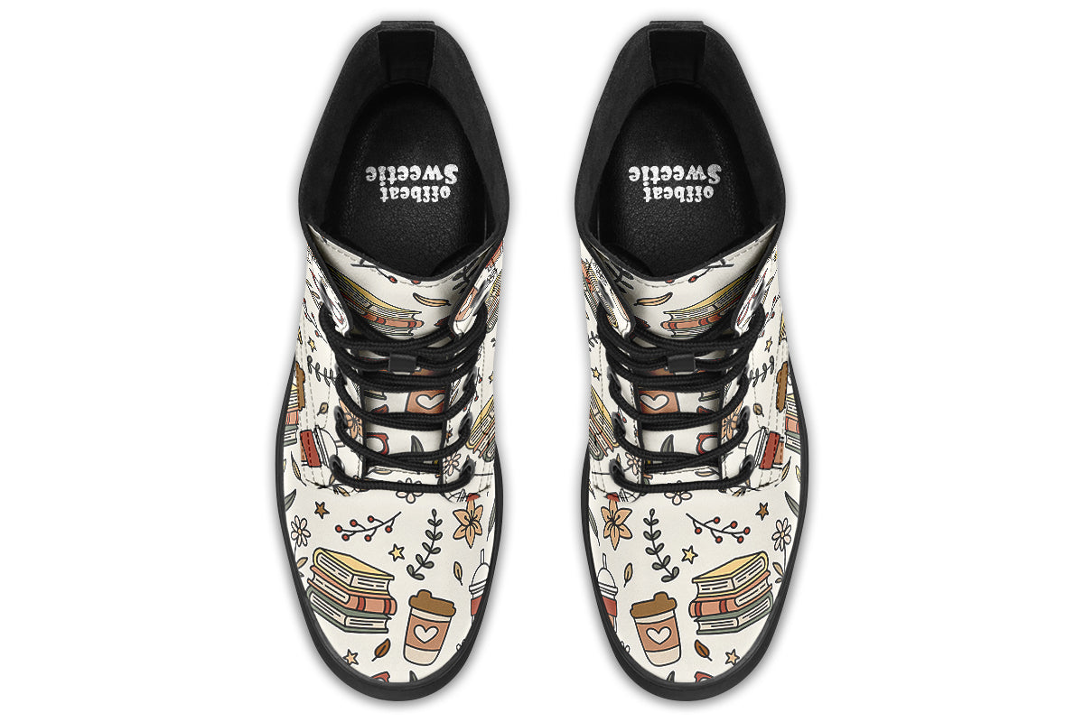 Design features icons of coffee, books and botanicals on an off-white background