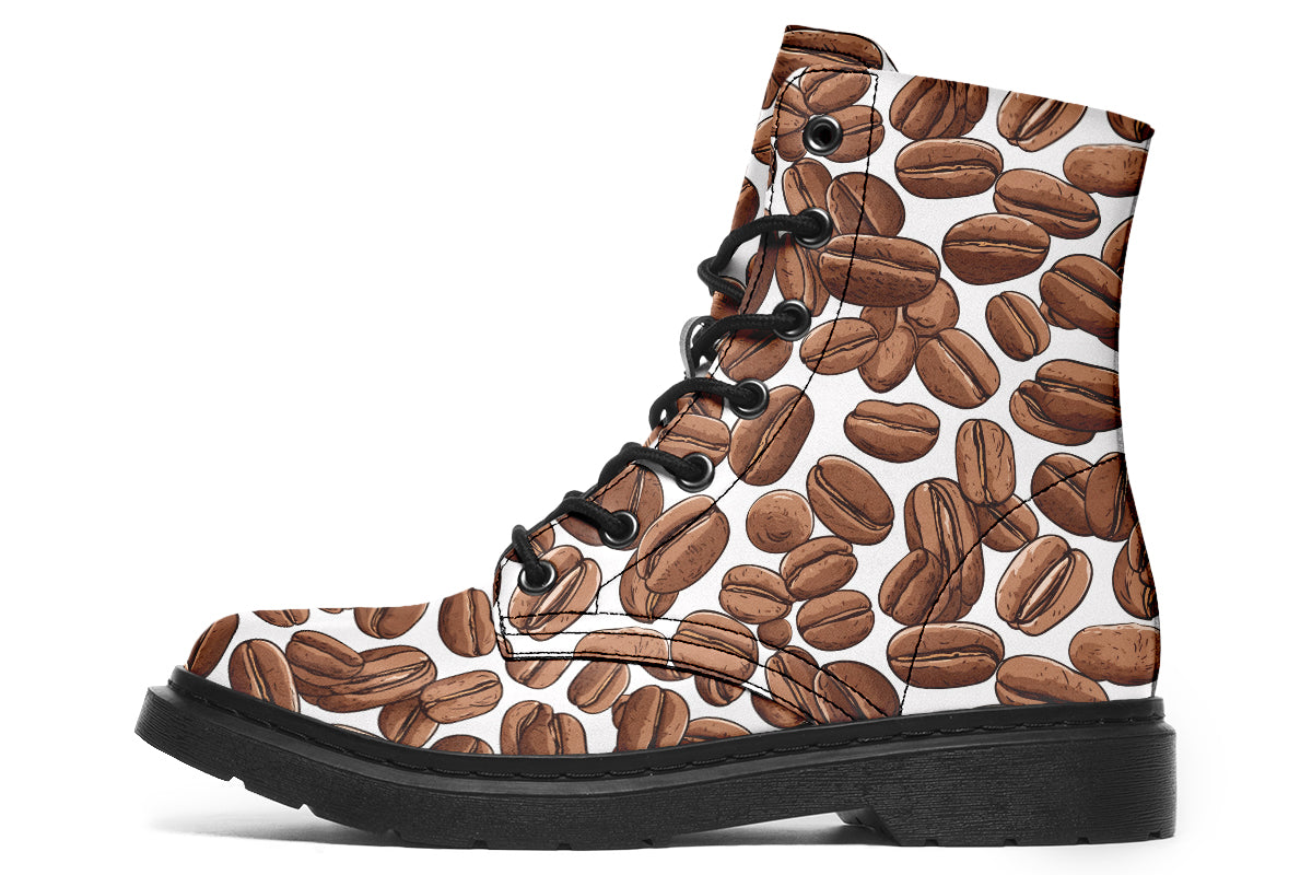 Design features a coffee bean pattern on a white background