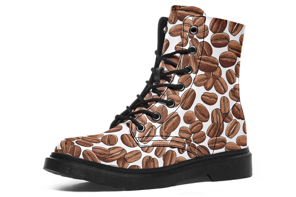 Design features a coffee bean pattern on a white background