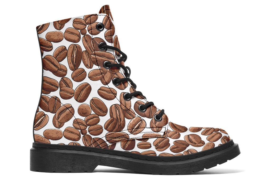Design features a coffee bean pattern on a white background