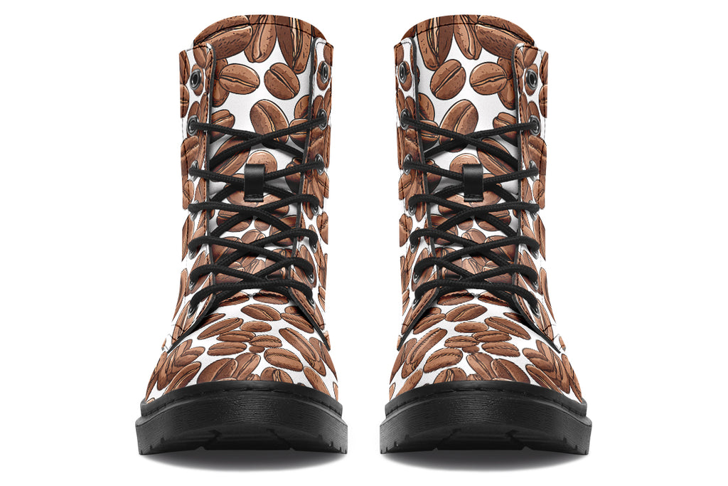 Design features a coffee bean pattern on a white background