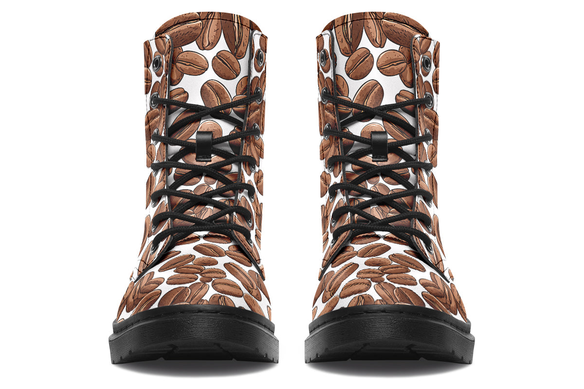 Design features a coffee bean pattern on a white background