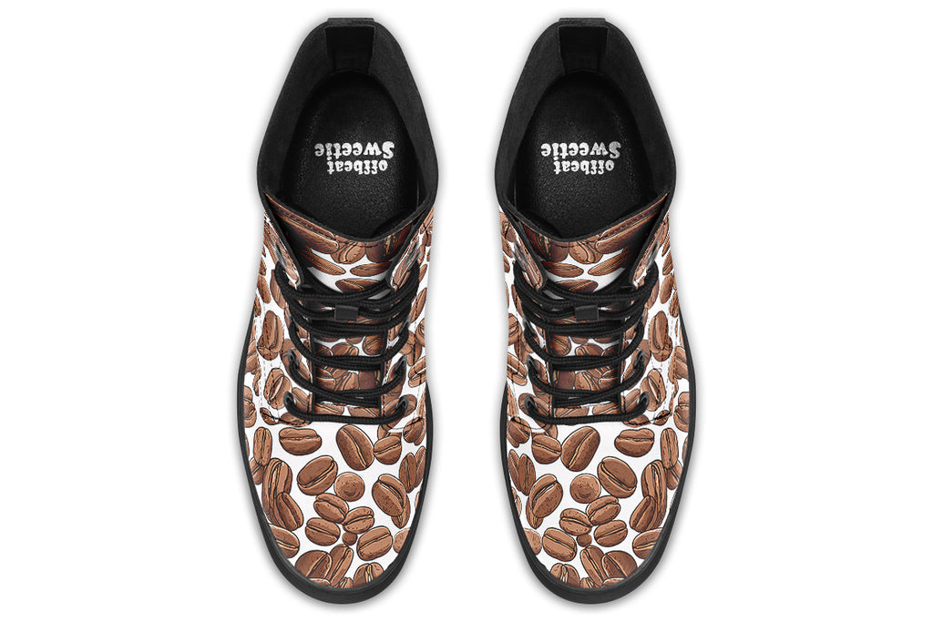 Design features a coffee bean pattern on a white background