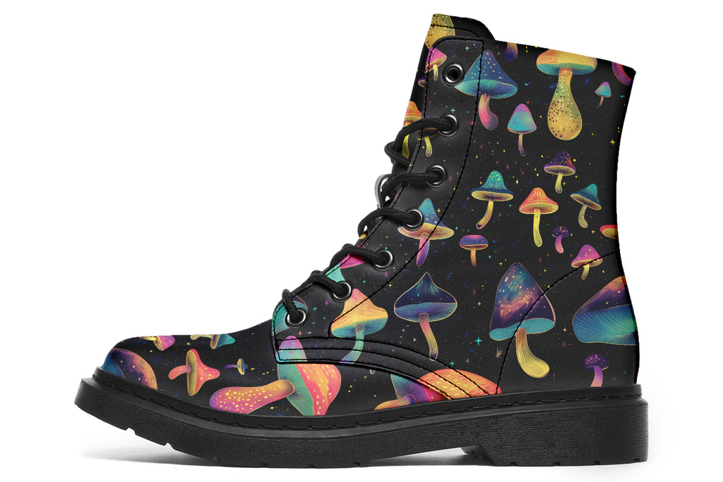 Black boots with a pattern of different coloured mushrooms that look like they are flying through space