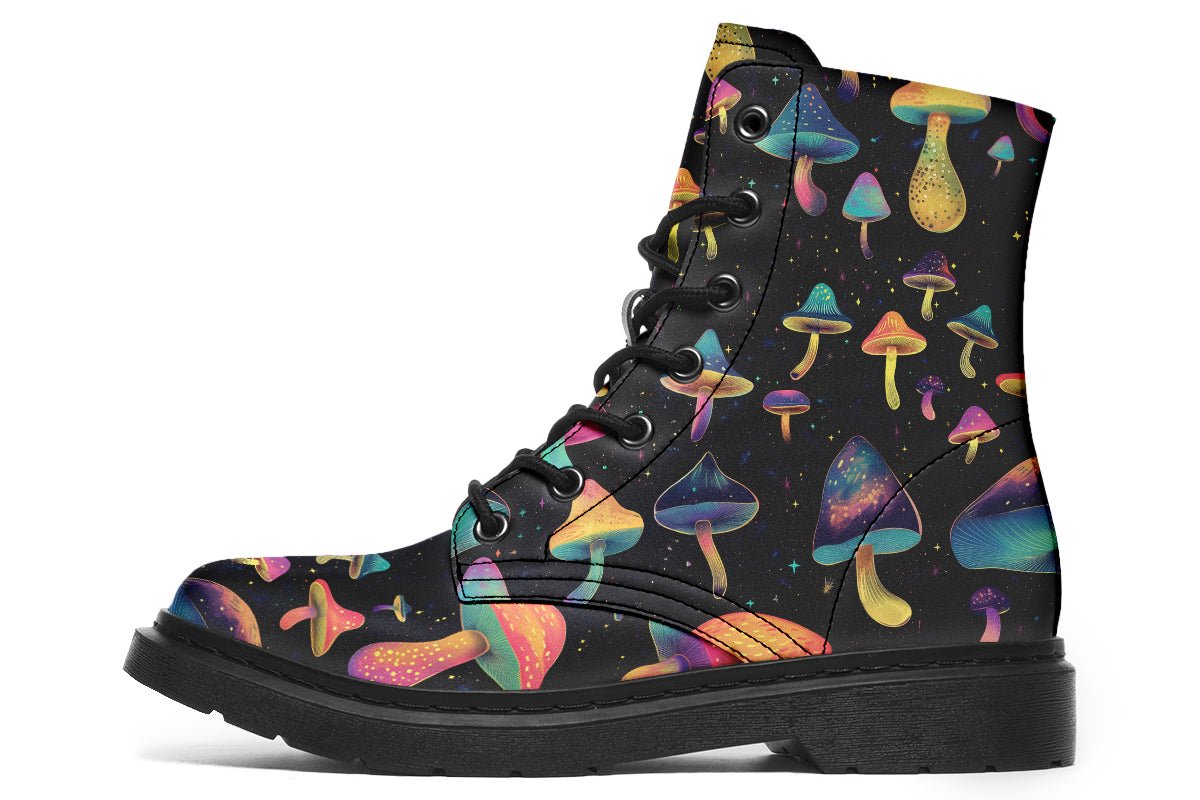 Black boots with a pattern of different coloured mushrooms that look like they are flying through space