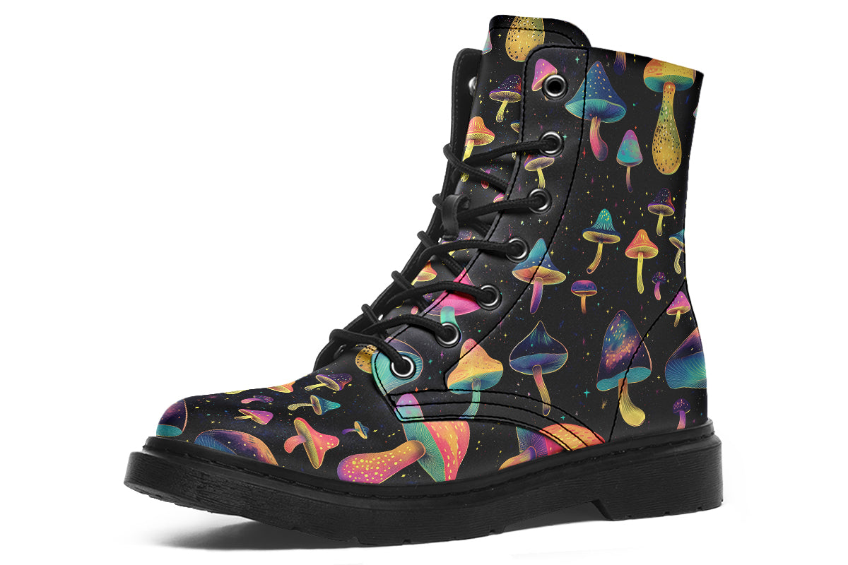 Black boots with a pattern of different coloured mushrooms that look like they are flying through space