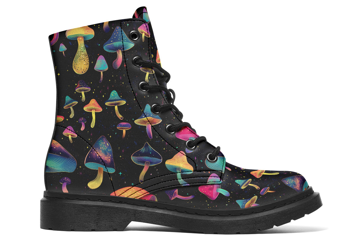Black boots with a pattern of different coloured mushrooms that look like they are flying through space