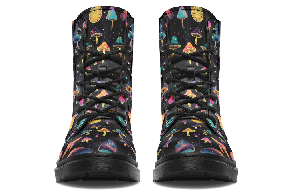 Black boots with a pattern of different coloured mushrooms that look like they are flying through space