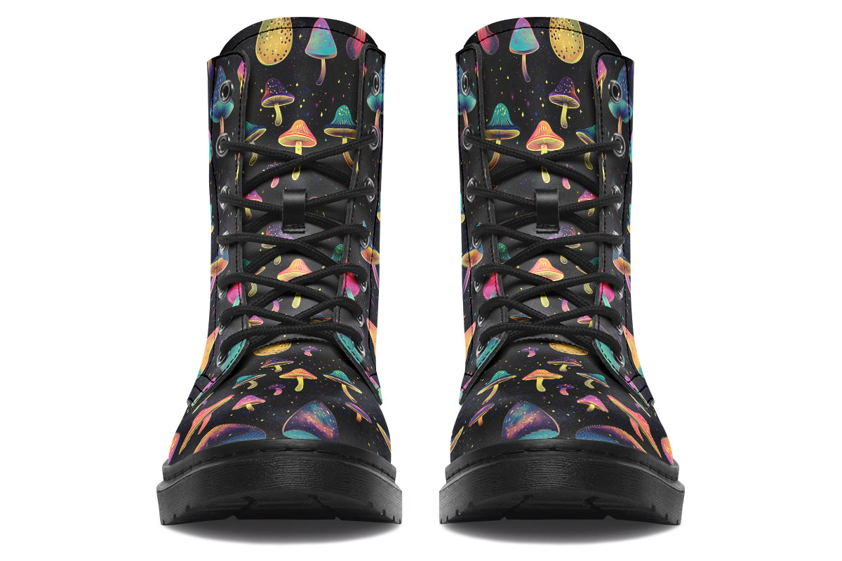 Black boots with a pattern of different coloured mushrooms that look like they are flying through space