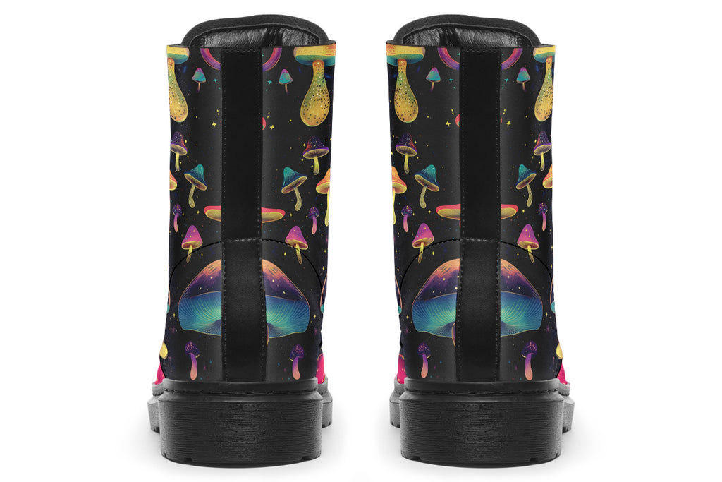 Black boots with a pattern of different coloured mushrooms that look like they are flying through space