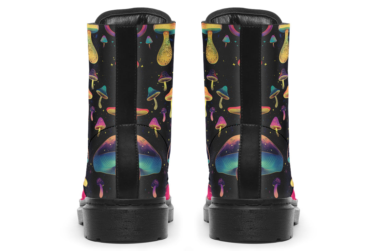 Black boots with a pattern of different coloured mushrooms that look like they are flying through space