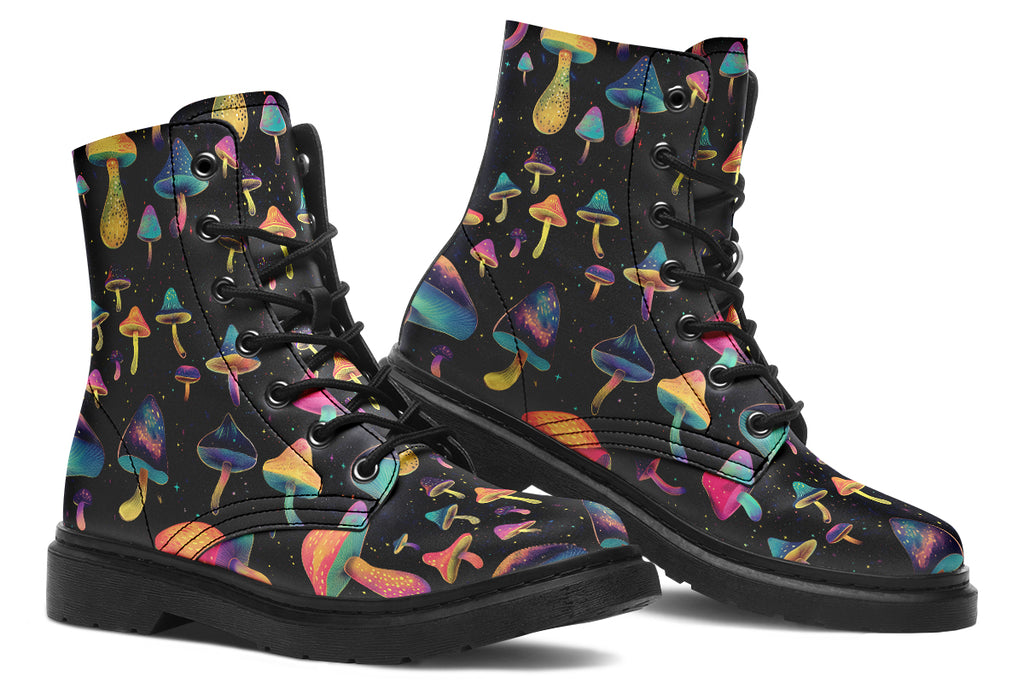 Black boots with a pattern of different coloured mushrooms that look like they are flying through space