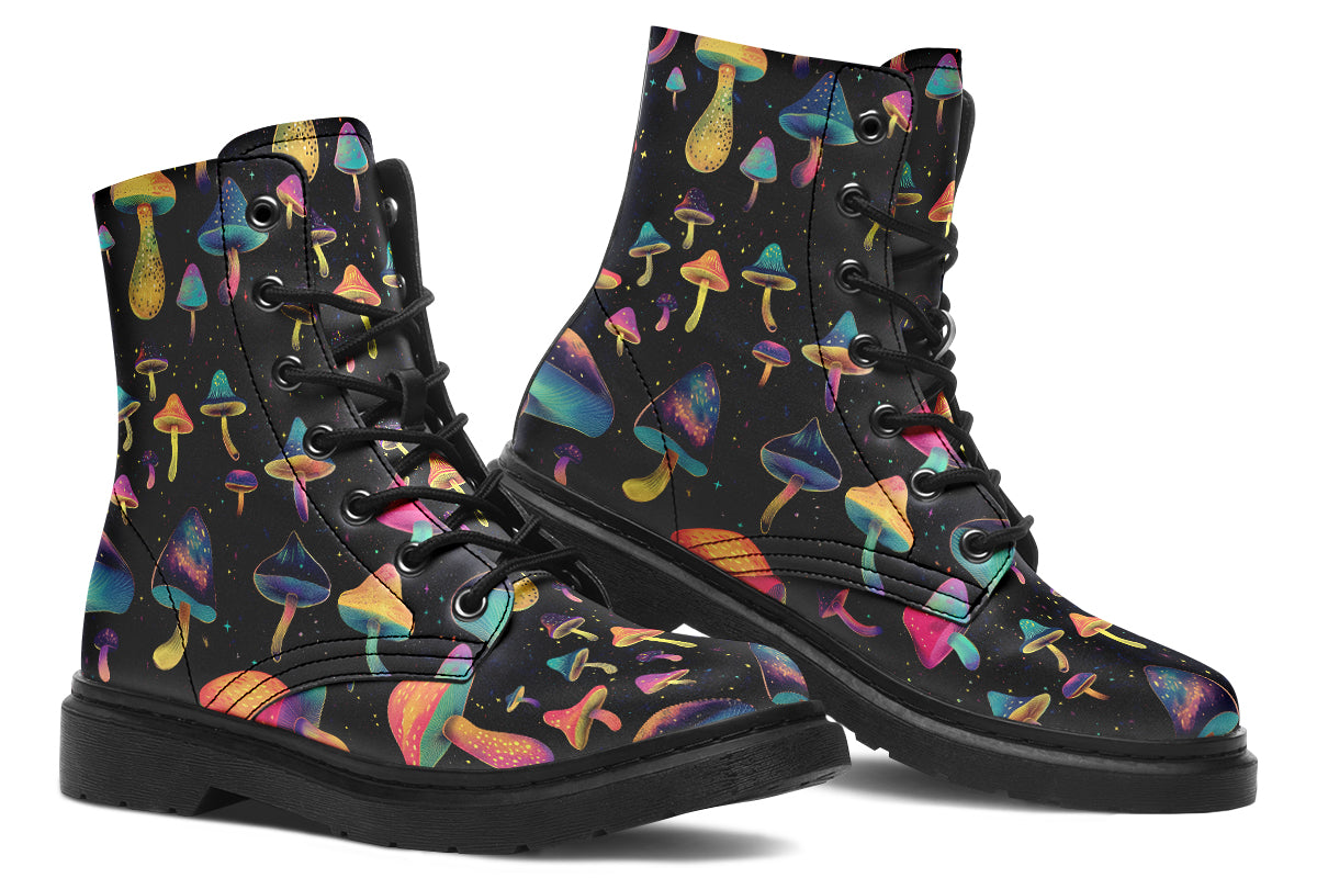 Black boots with a pattern of different coloured mushrooms that look like they are flying through space