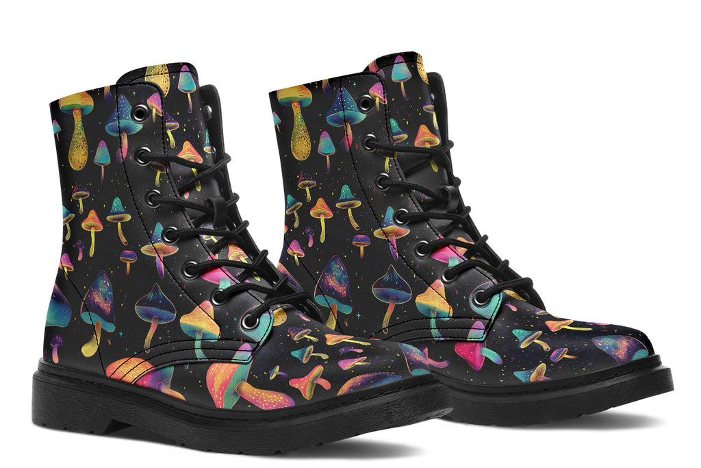 Black boots with a pattern of different coloured mushrooms that look like they are flying through space
