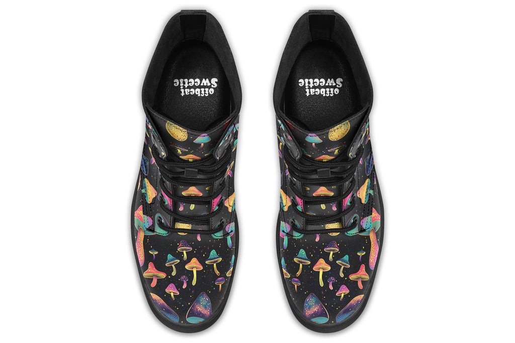 Black boots with a pattern of different coloured mushrooms that look like they are flying through space