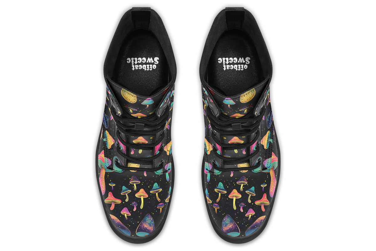 Black boots with a pattern of different coloured mushrooms that look like they are flying through space
