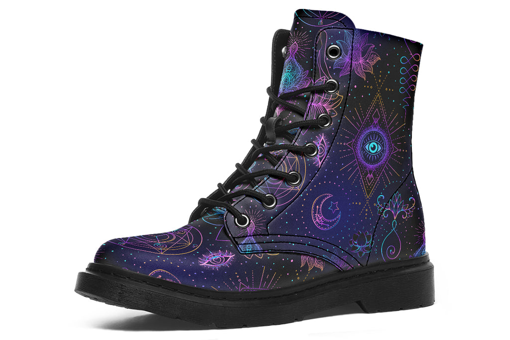 Boots featuring a dark violet, almost black background with a rainbow gradient pattern of different symbols such as a lotus flower, moon, star, decorative dots and swirls and a blue eye surrounded by a circle and line patterns.