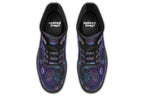Boots featuring a dark violet, almost black background with a rainbow gradient pattern of different symbols such as a lotus flower, moon, star, decorative dots and swirls and a blue eye surrounded by a circle and line patterns.