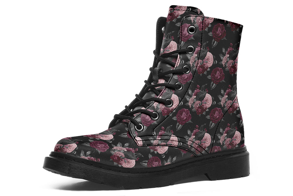 Black boots with a repetitive pattern of deep crimson and pink flowers with a black crow sitting in them