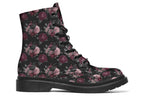 Black boots with a repetitive pattern of deep crimson and pink flowers with a black crow sitting in them