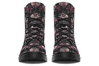 Black boots with a repetitive pattern of deep crimson and pink flowers with a black crow sitting in them