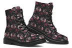 Black boots with a repetitive pattern of deep crimson and pink flowers with a black crow sitting in them