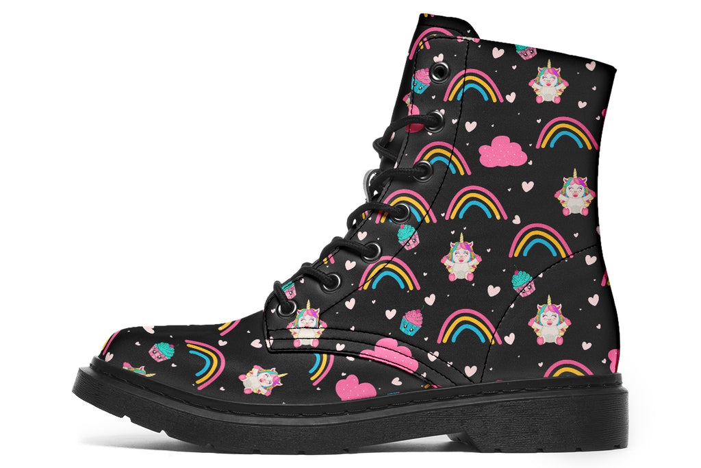 Black boots featuring a pattern of simple rainbows, pink clouds and cute smiling unicorns
