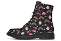 Black boots featuring a pattern of simple rainbows, pink clouds and cute smiling unicorns