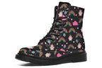 Black boots featuring a pattern of simple rainbows, pink clouds and cute smiling unicorns