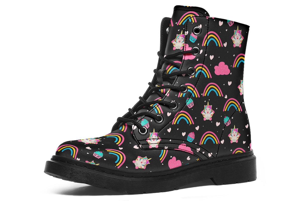 Black boots featuring a pattern of simple rainbows, pink clouds and cute smiling unicorns