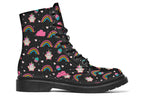 Black boots featuring a pattern of simple rainbows, pink clouds and cute smiling unicorns