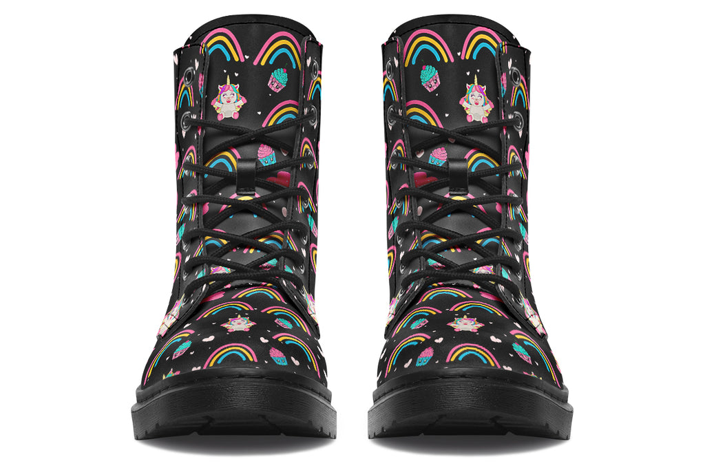 Black boots featuring a pattern of simple rainbows, pink clouds and cute smiling unicorns