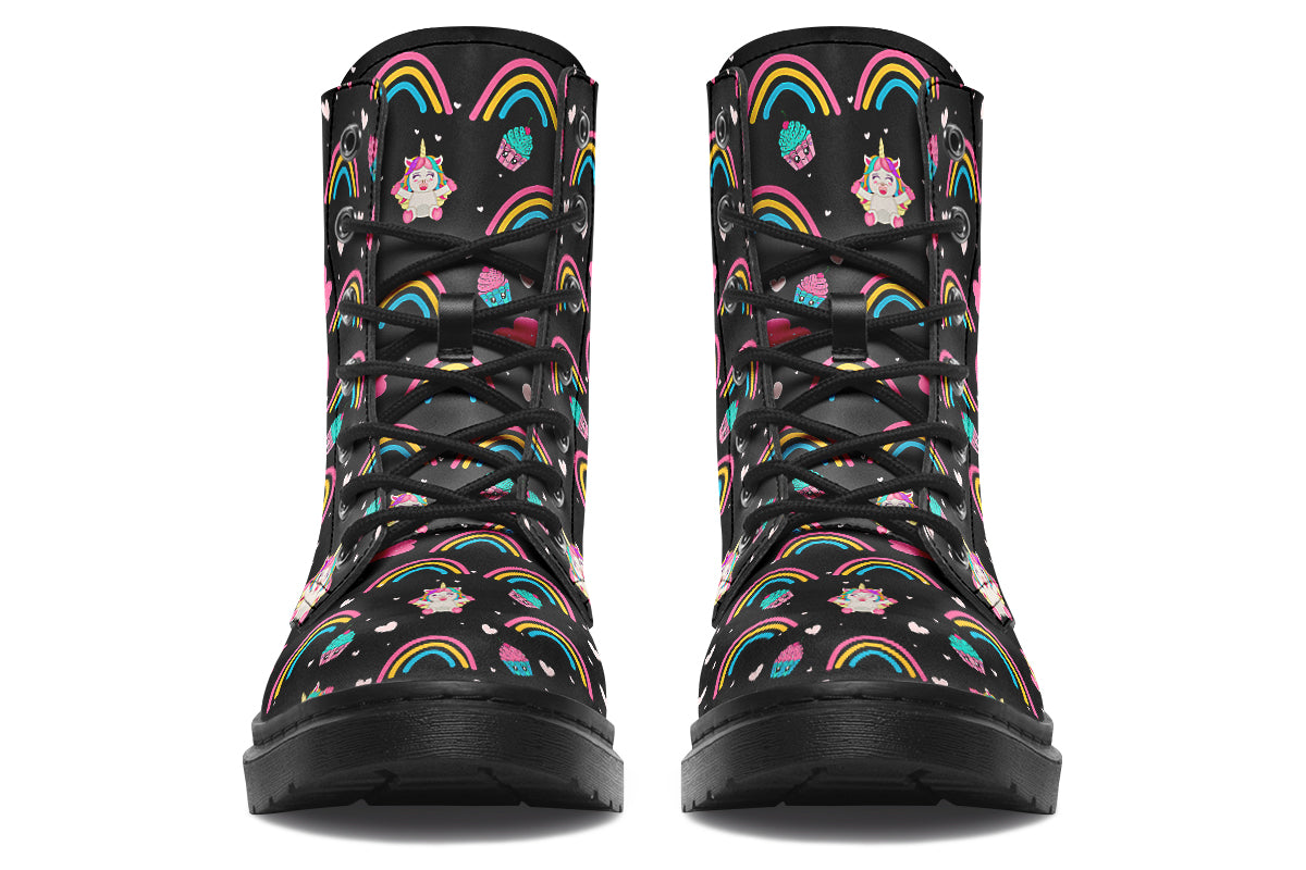 Black boots featuring a pattern of simple rainbows, pink clouds and cute smiling unicorns