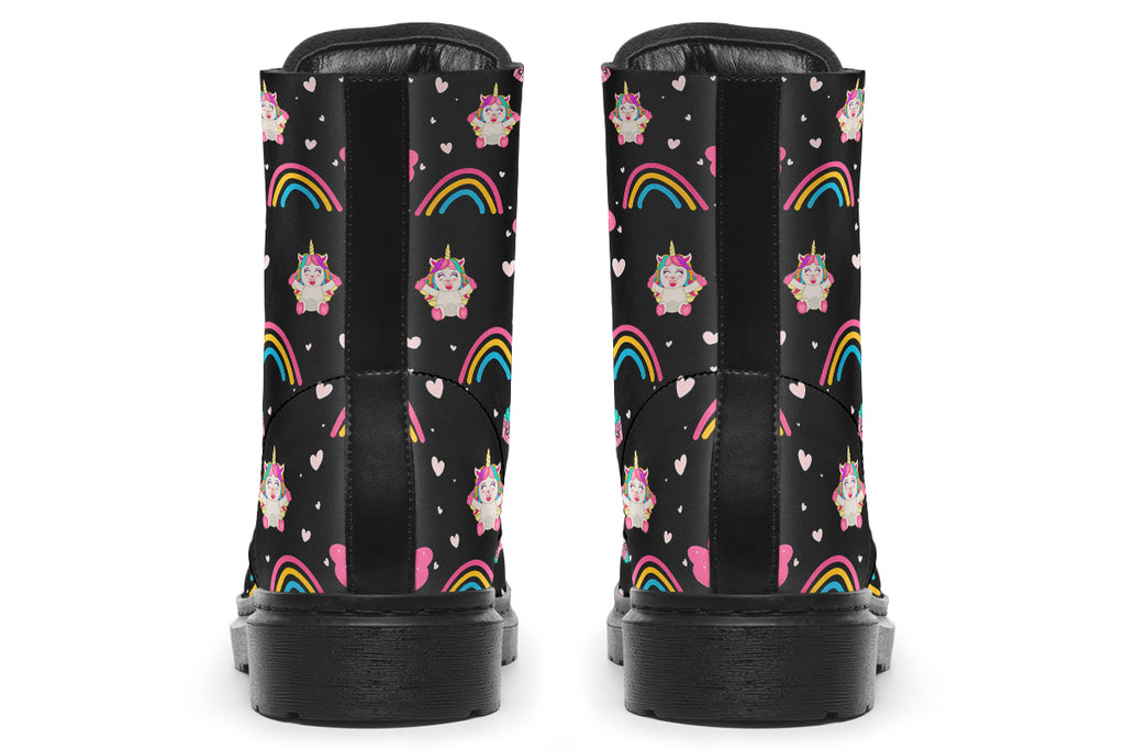 Black boots featuring a pattern of simple rainbows, pink clouds and cute smiling unicorns