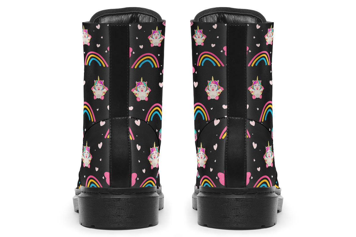 Black boots featuring a pattern of simple rainbows, pink clouds and cute smiling unicorns