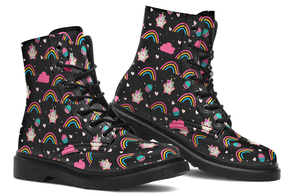 Black boots featuring a pattern of simple rainbows, pink clouds and cute smiling unicorns