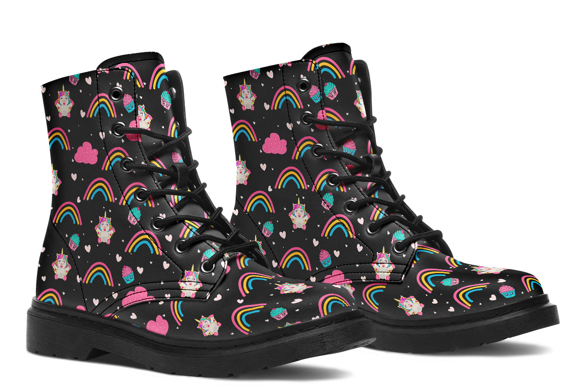 Black boots featuring a pattern of simple rainbows, pink clouds and cute smiling unicorns