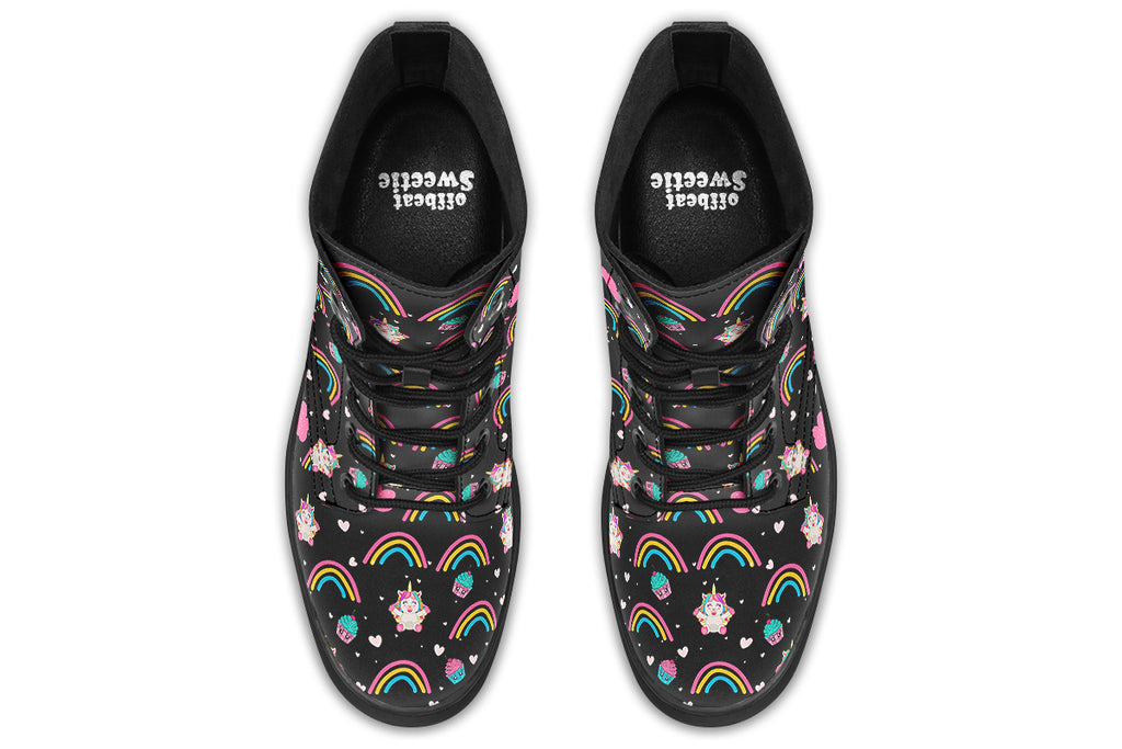 Black boots featuring a pattern of simple rainbows, pink clouds and cute smiling unicorns