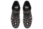 Black boots featuring a pattern of simple rainbows, pink clouds and cute smiling unicorns