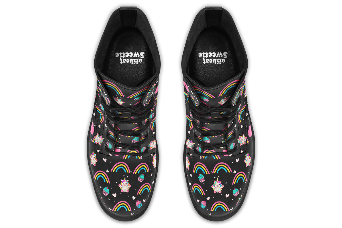 Black boots featuring a pattern of simple rainbows, pink clouds and cute smiling unicorns