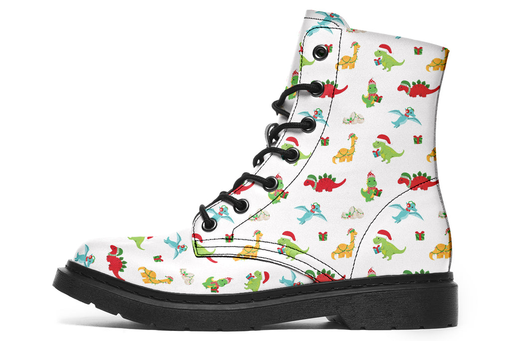 White boots featuring a pattern of different dinosaurs in Christmas hats and scarves. Some are holding gifts.