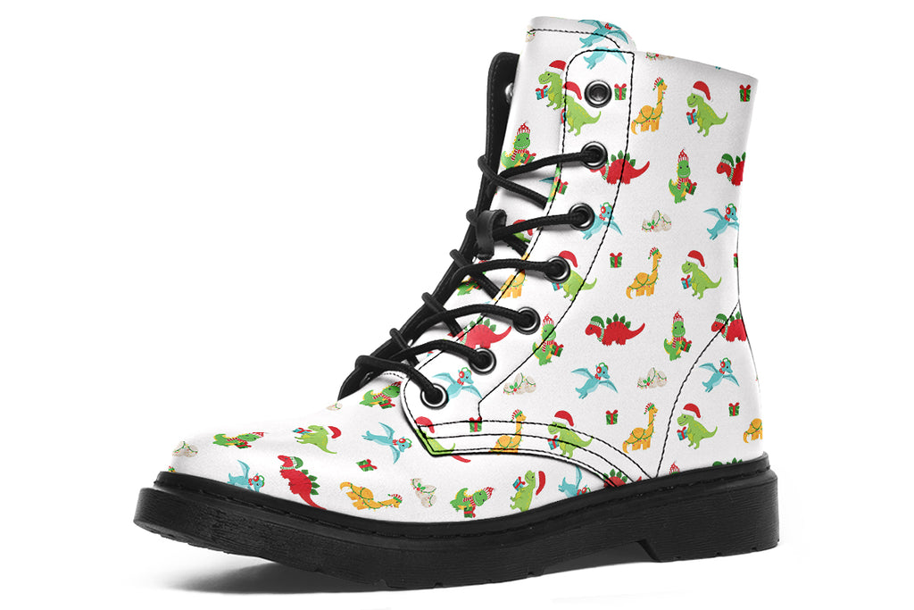 White boots featuring a pattern of different dinosaurs in Christmas hats and scarves. Some are holding gifts.