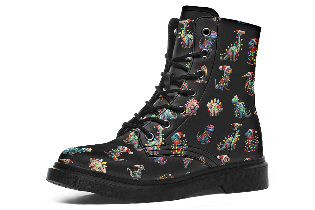 Black boots featuring a pattern of different dinosaurs wrapped in Christmas lights. Some are also wearing Christmas hats.