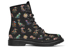 Black boots featuring a pattern of different dinosaurs wrapped in Christmas lights. Some are also wearing Christmas hats.